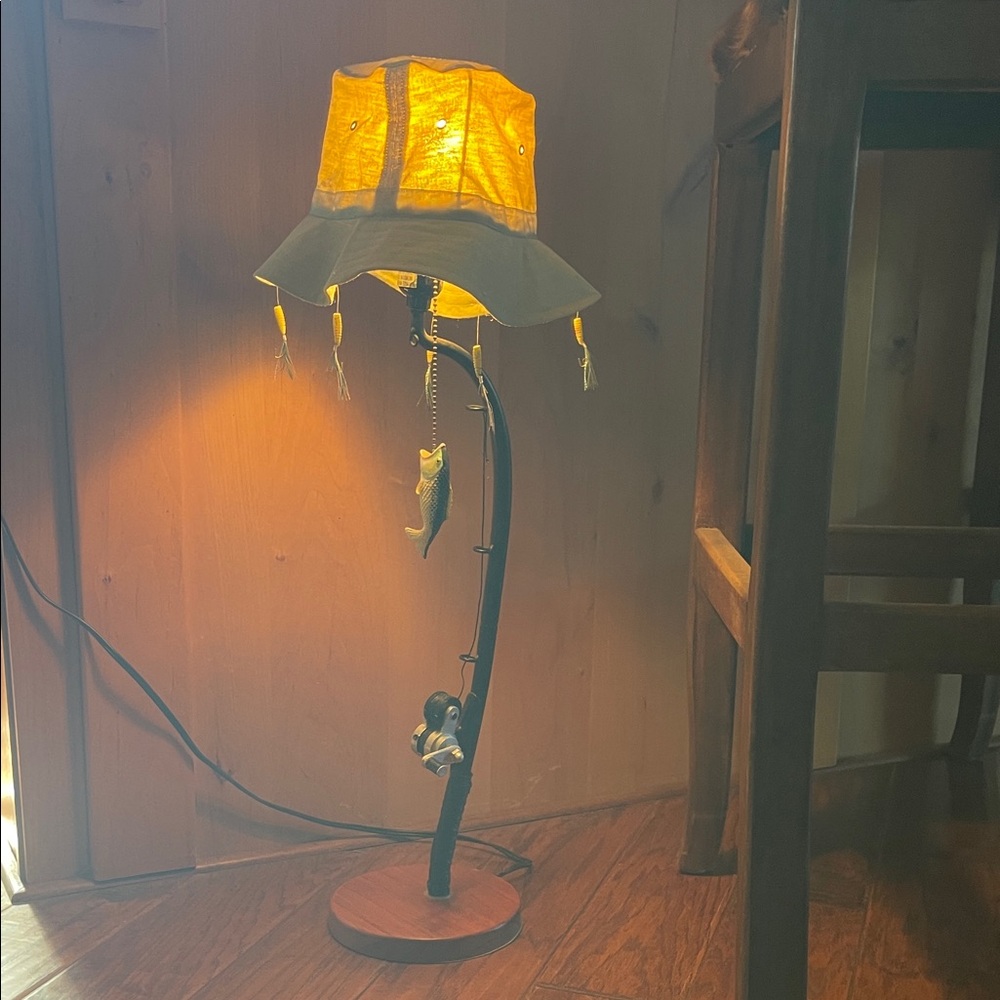 Unique Fishing Themed Table Lamp with Fishing Hat Shade complete with Lures